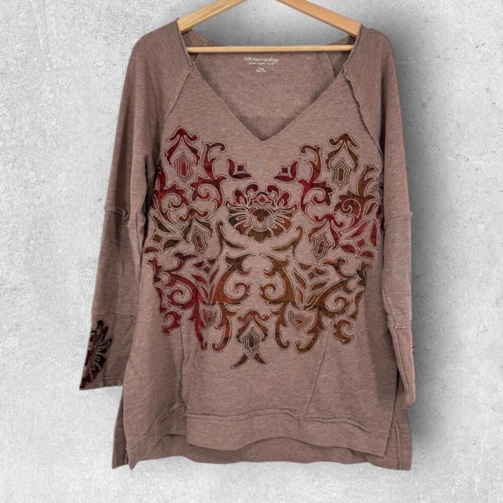 Soft Surroundings Embroidered Boho Tunic Top Size S Taupe Multicolor Applique